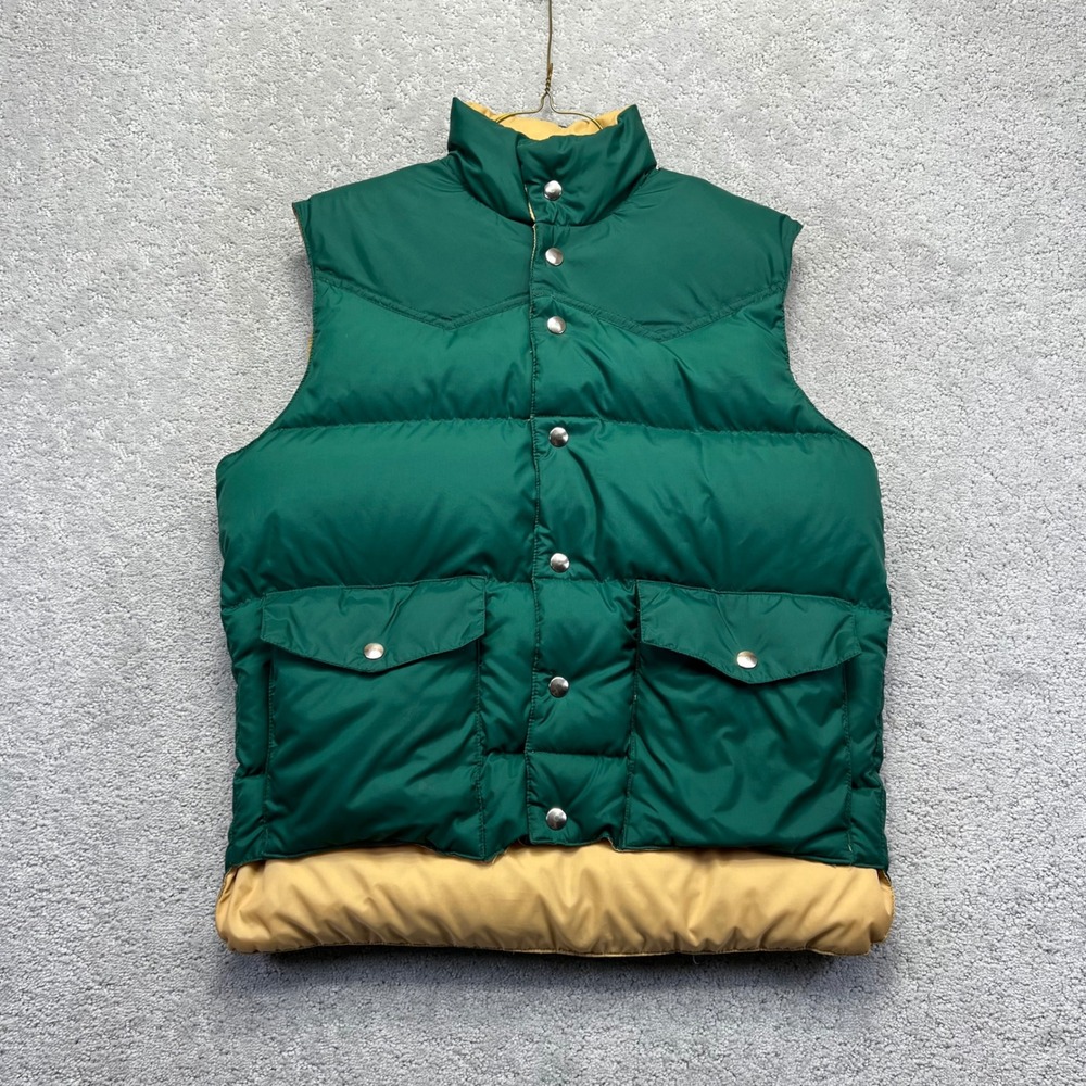 VINTAGE Forester Puffer Vest Size M Green Tan Reversible Nylon Down Filled Snap
